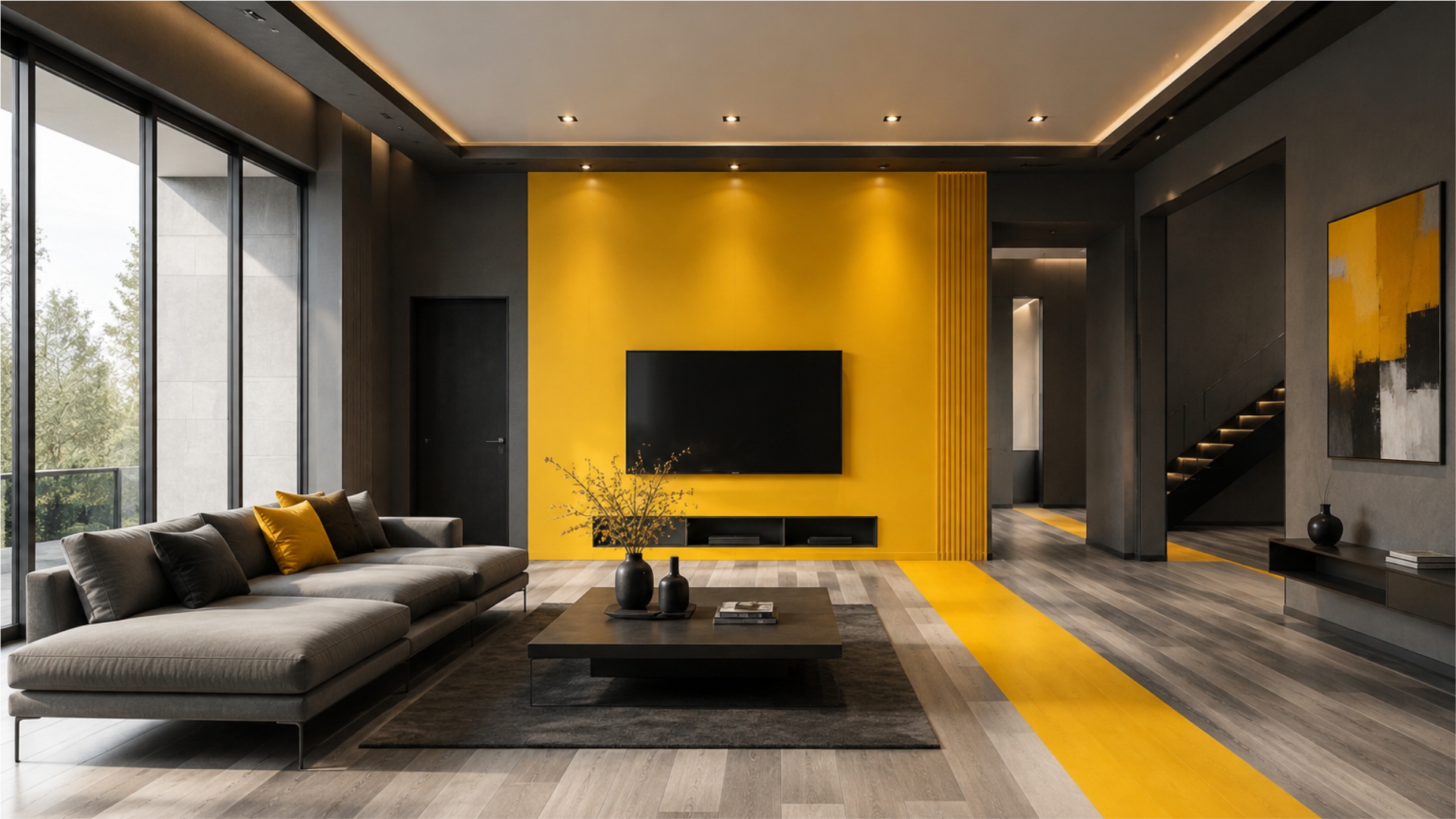 Modern GTA living room with a warm yellow feature wall and wide-plank flooring